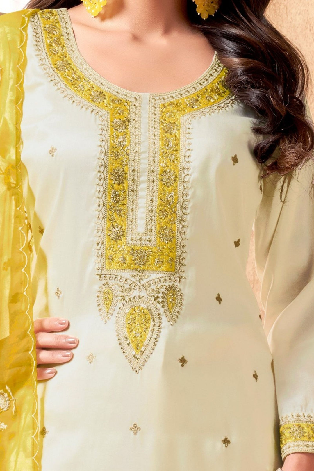 Half White Beads, Zari and Sequins work Straight Cut Salwar Suit