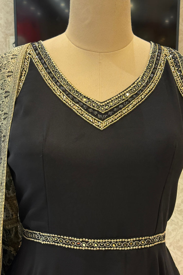Black Beads and Sequins work Anarkali Gown with Traditional Banaras work Dupatta