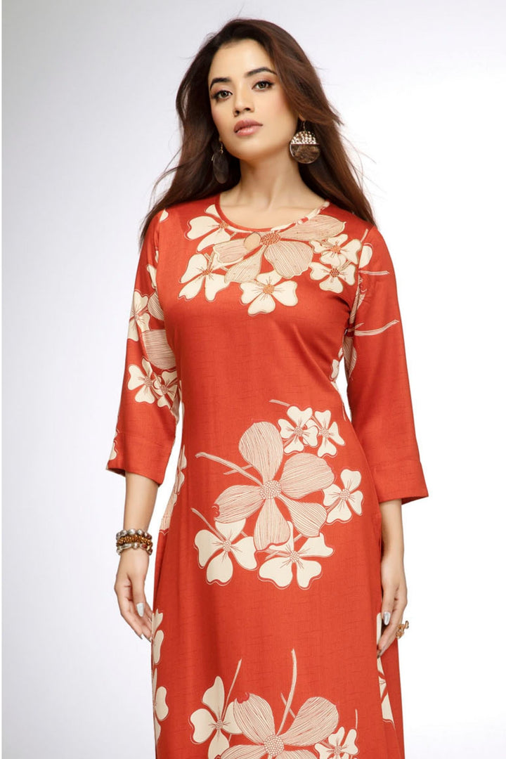 Rust Floral Print Straight Kurta Set