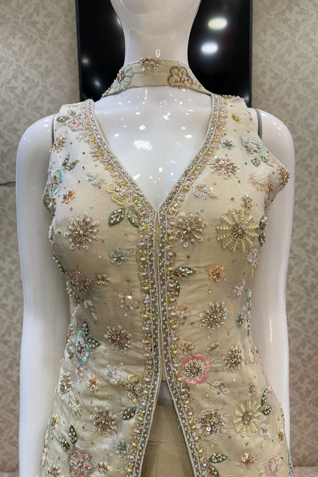 Cream Beads, Embroidery and Sequins work Palazzo Salwar Suit