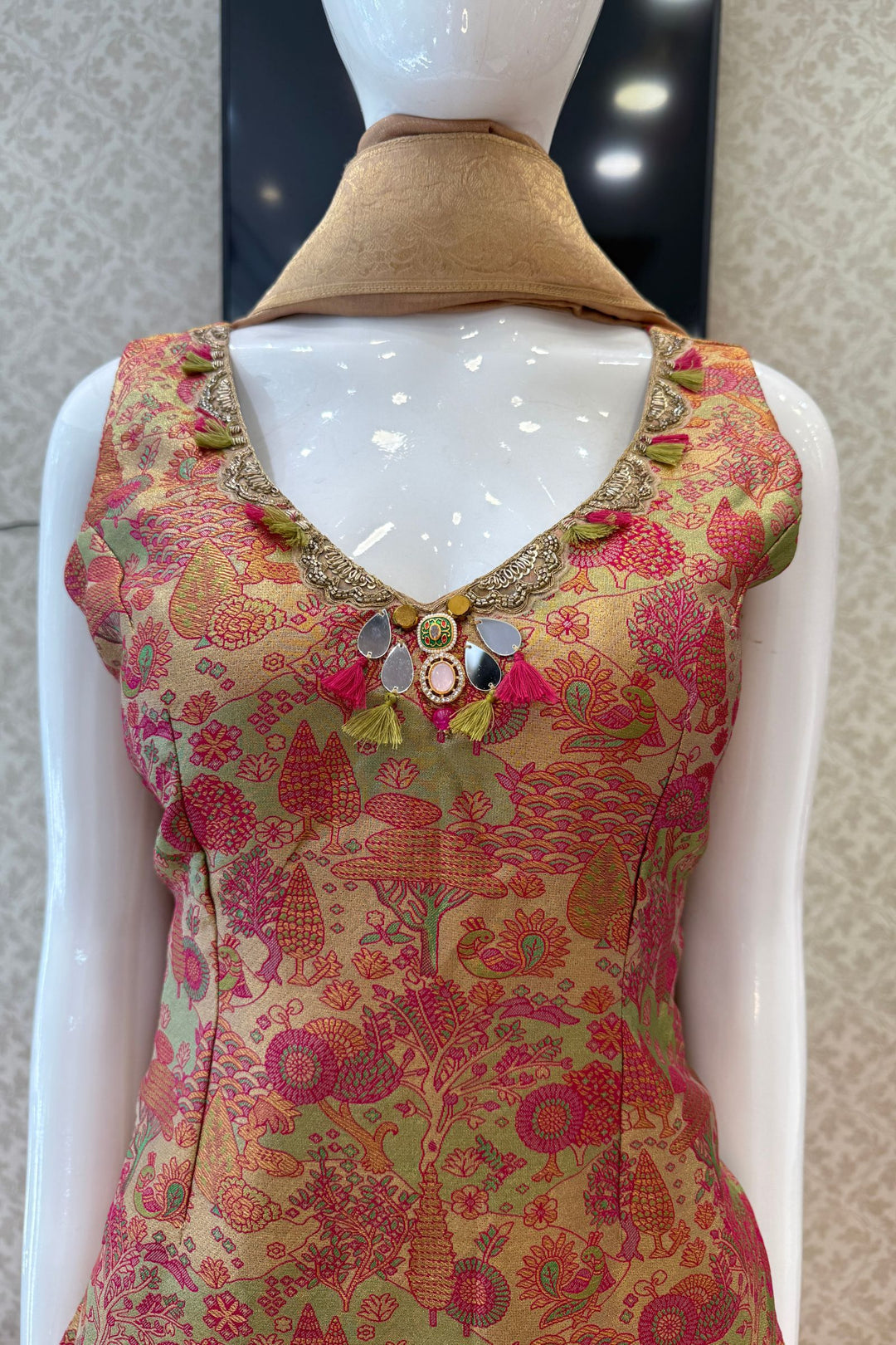 Gold with Pink Banaras work Palazzo Salwar Suit
