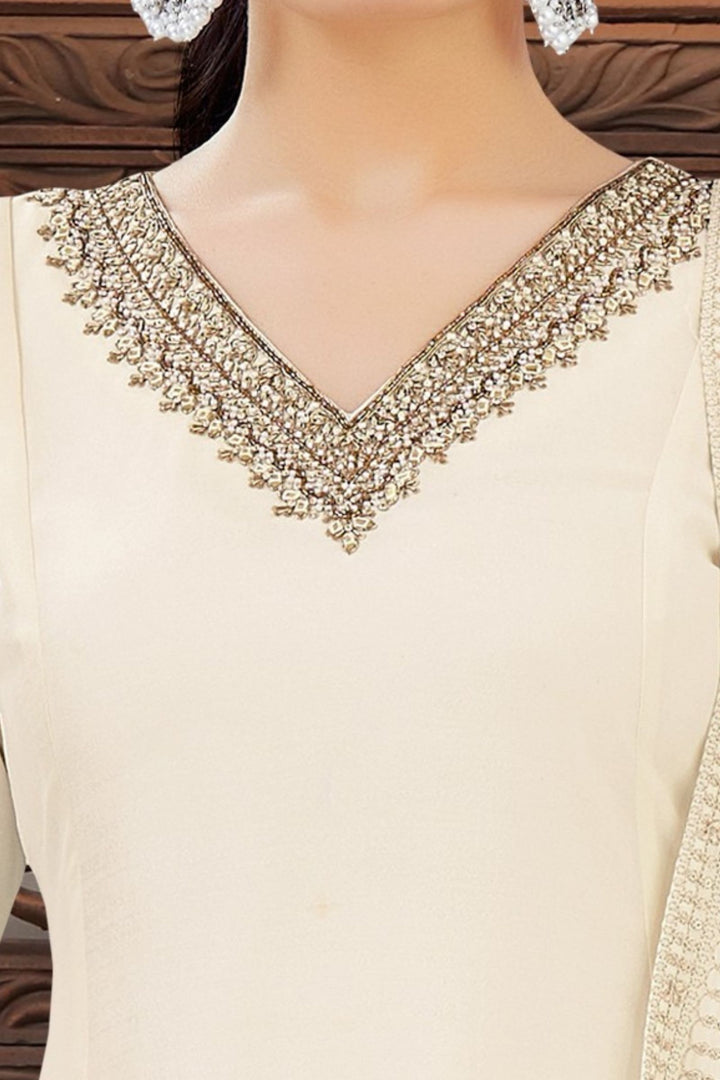 Cream Beads, Pearl, Zardozi, Stone, Zari and Sequins work A-line Cut Salwar Suit