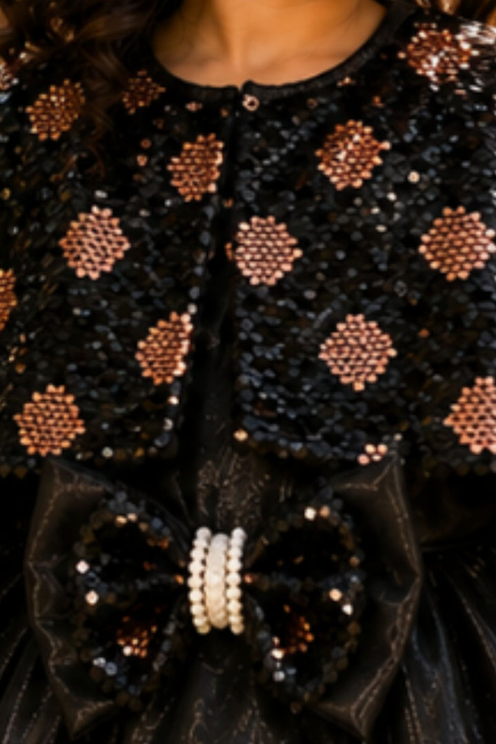 Black Sequins work Poncho Styled Short Partywear Frock for Girls