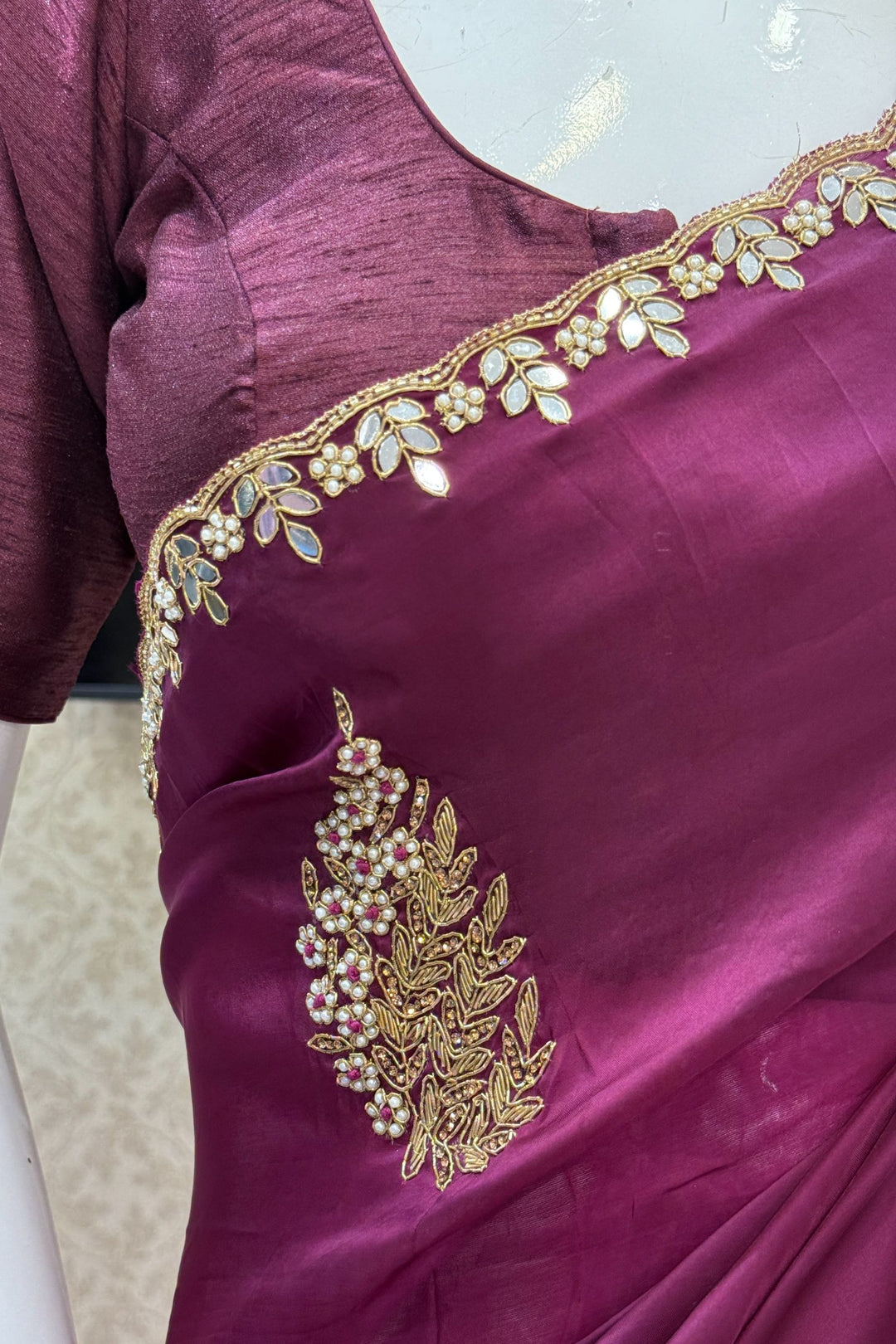 Wine Mirror, Pearl, Zardozi, Stone and Beads work Saree