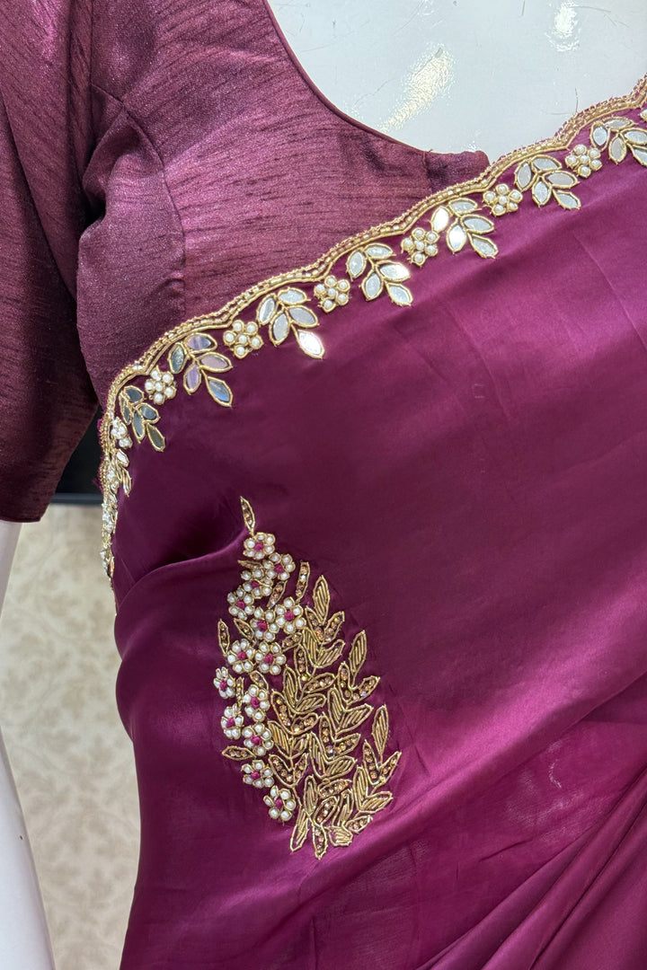 Wine Mirror, Pearl, Zardozi, Stone and Beads work Saree