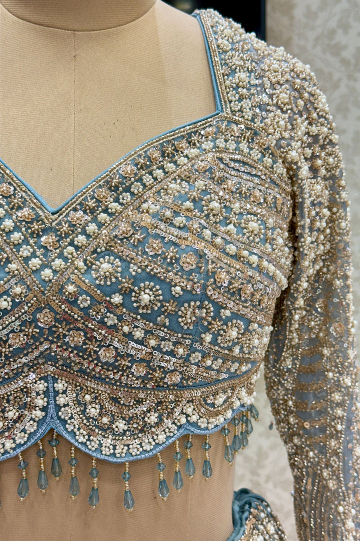 Sea Blue Bridal Lehenga with Intricate Beads, Pearl and Sequins Work