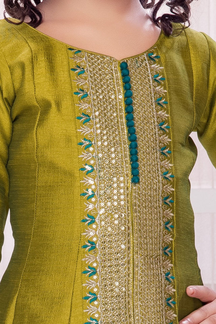 Olive Green Sequins and Zari work Salwar Suit for Girls
