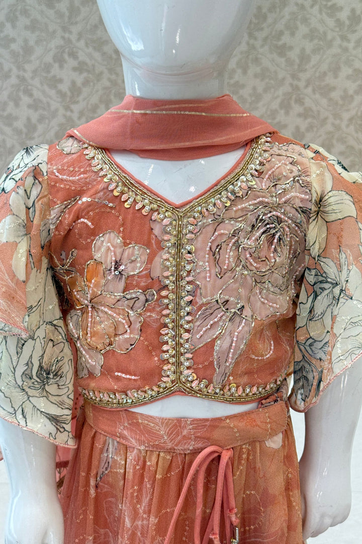 Peach Beads, Thread and Zardozi work with Floral Print Lehenga Choli for Girls