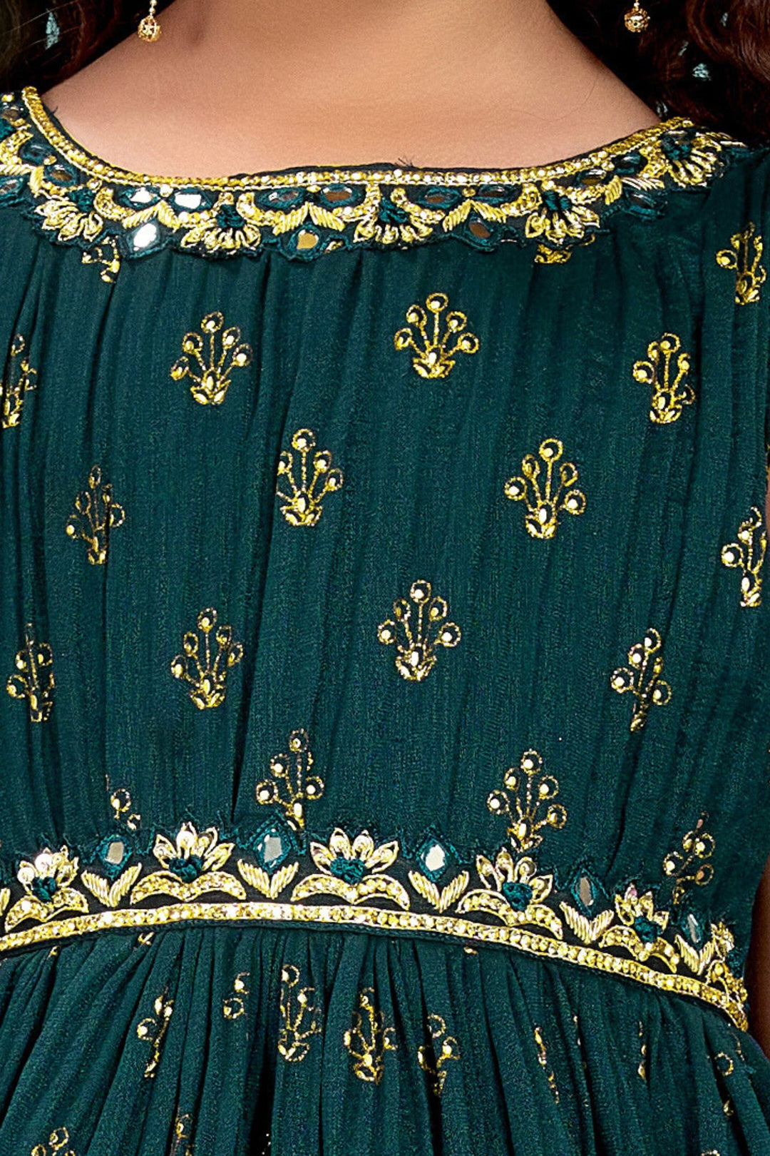 Peacock Green Stone, Mirror and Zardozi work Long Party Gown for Girls