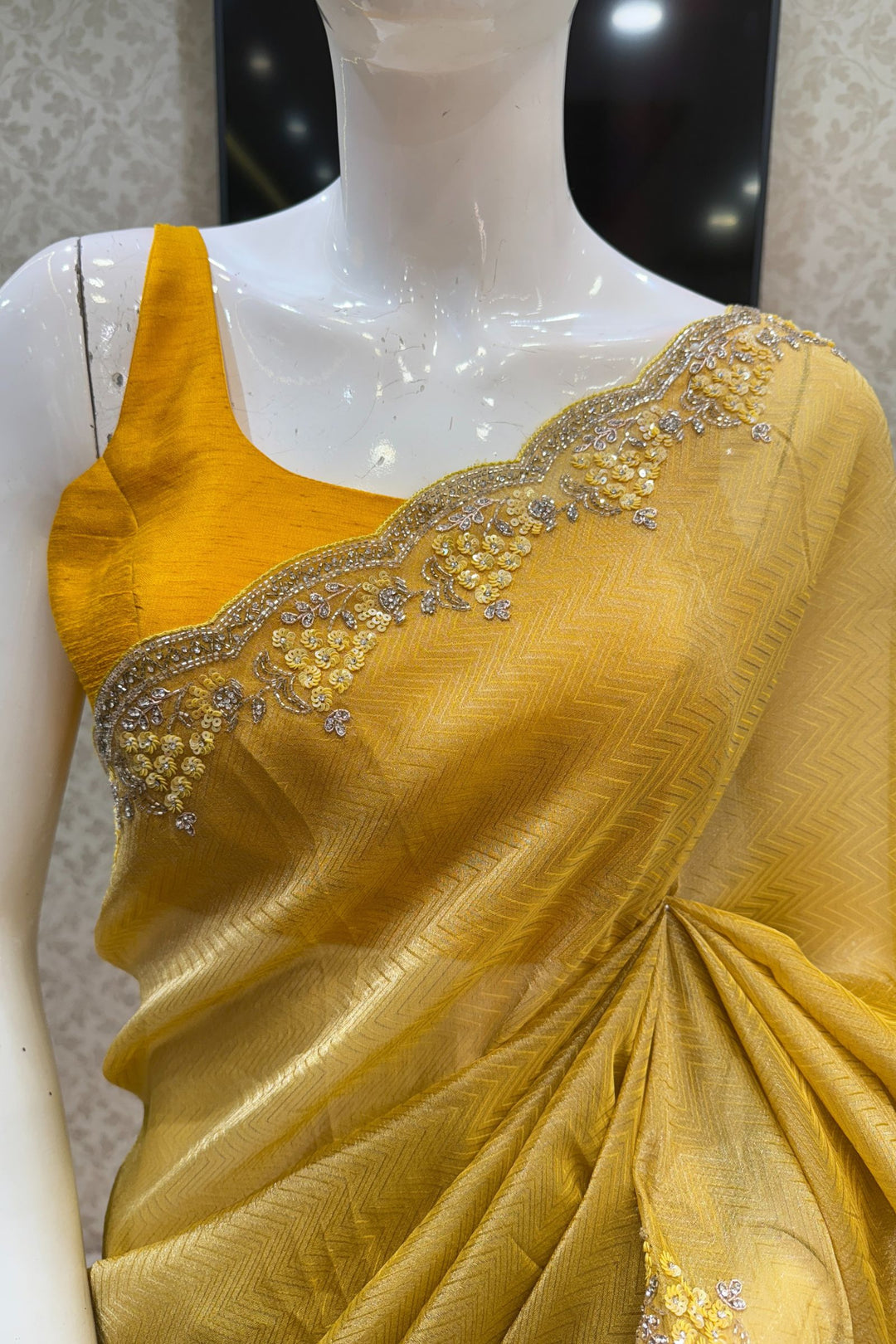 Yellow Beads, Stone, Zardozi, Sequins and Pearl work Saree