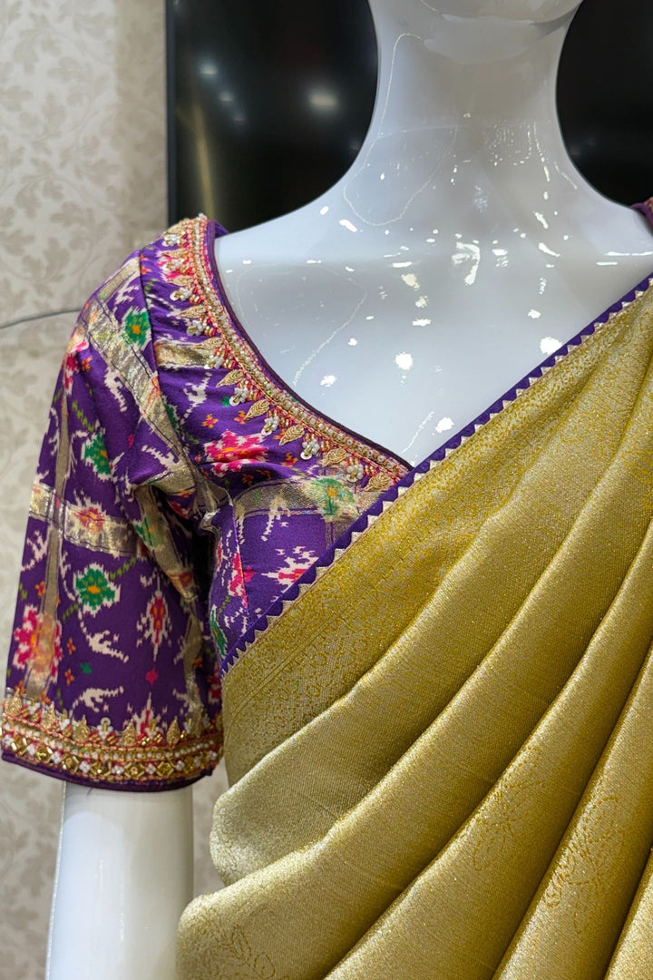Mustard Saree with Purple Beads, Zari and Sequins work with Pochampally Print Blouse