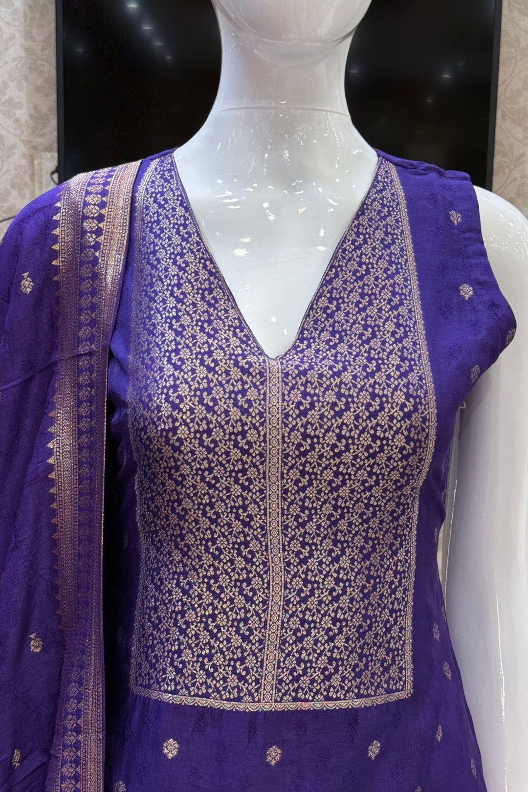 Purple Banaras work V-Neck Straight Cut Salwar Suit