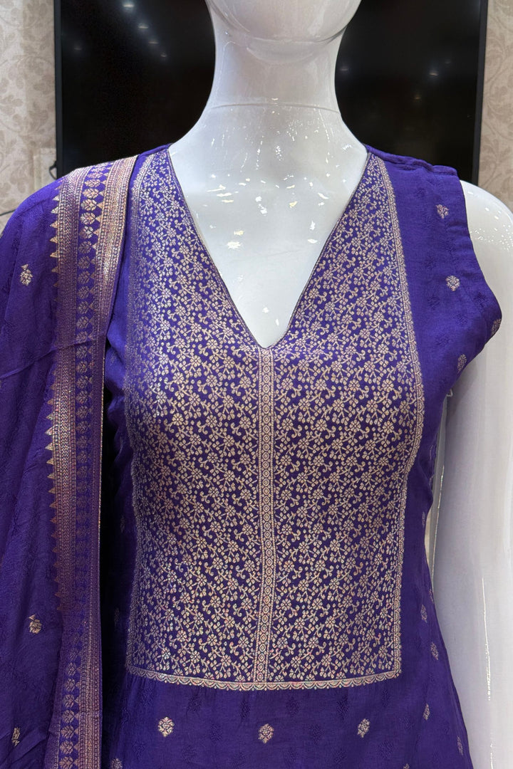Purple Banaras work V-Neck Straight Cut Salwar Suit