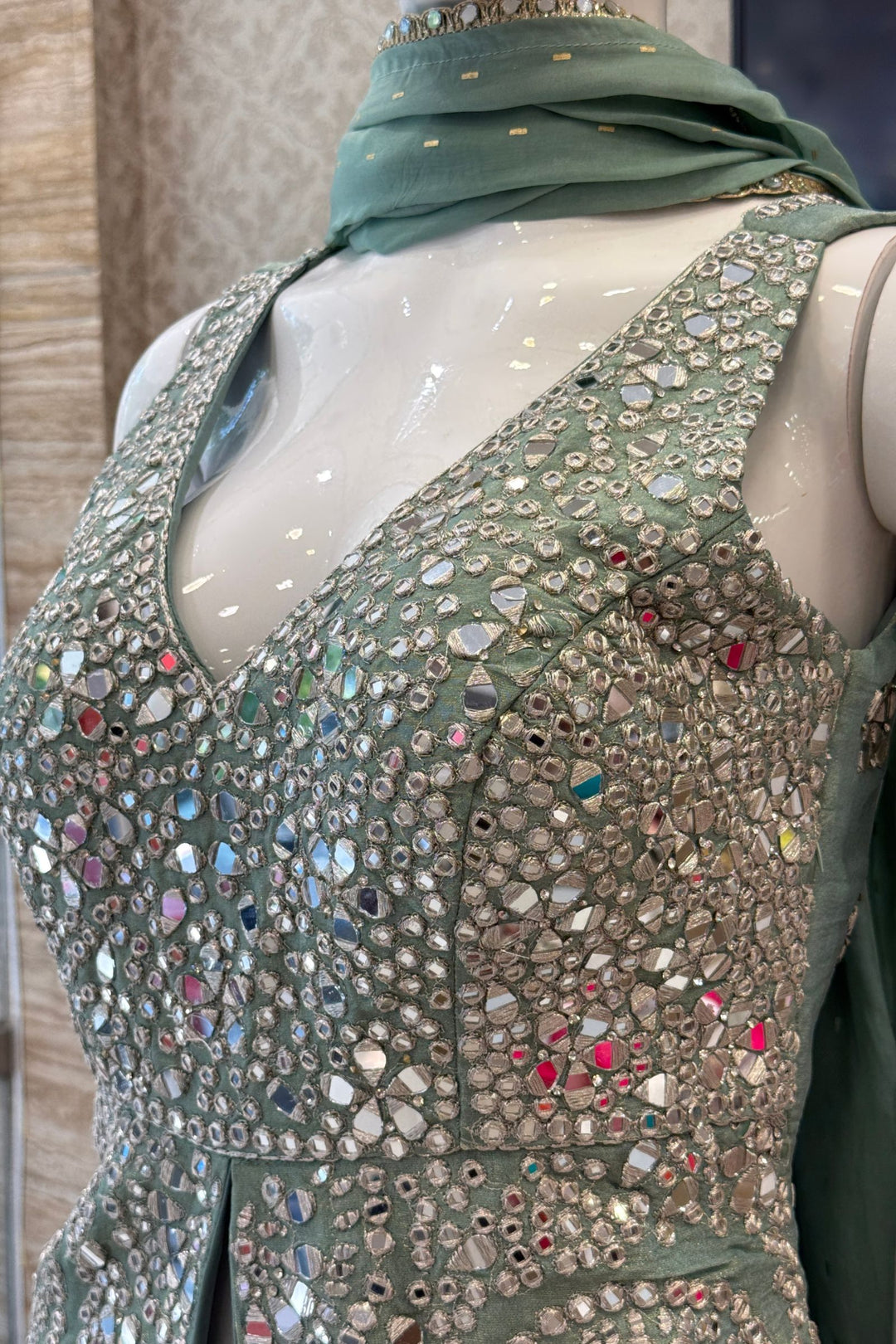 Sea Green Mirror, Zari and Stone work Top with Palazzo Pant Set