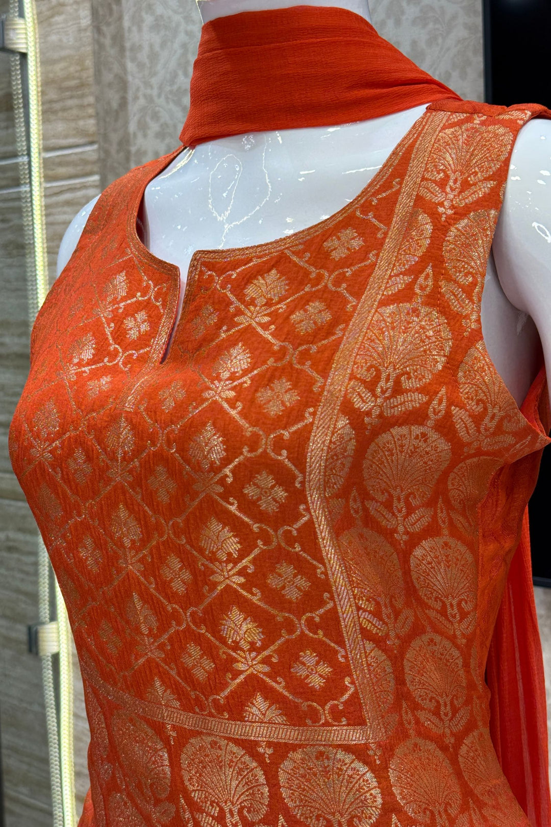 Orange Banaras work Straight Cut Salwar Suit