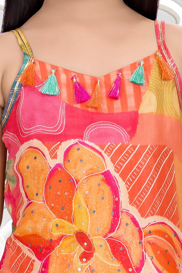 Orange Sequins work with Multicolor Digital Print Palazzo Set For Girls