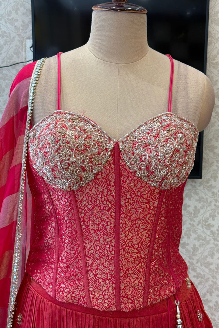 Rani Pink Brocade, Beads, Zardozi and Sequins work Corset Top with Lehenga