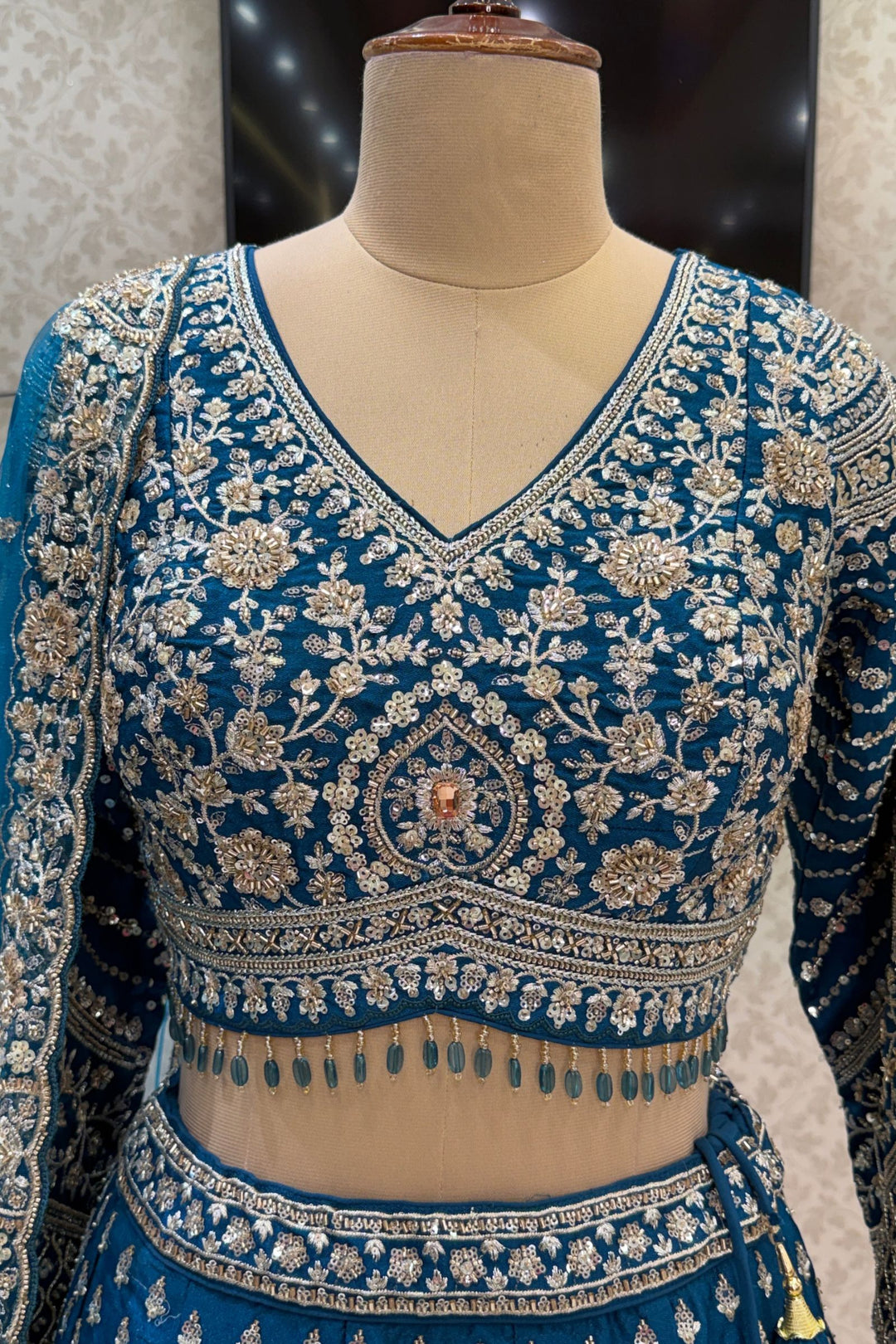 Designer Wedding Lehenga in Peacock Blue with Beads, Zari and Sequins Work