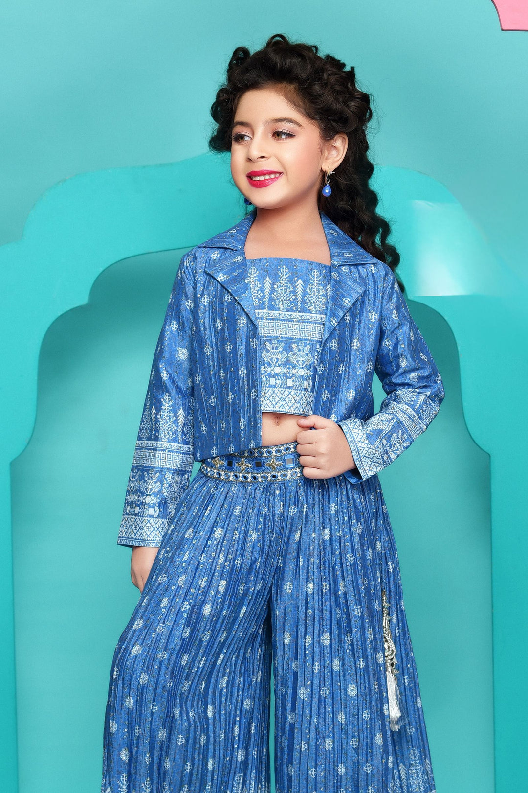 Blue with Digital Print Overcoat Styled Palazzo Set for Girls