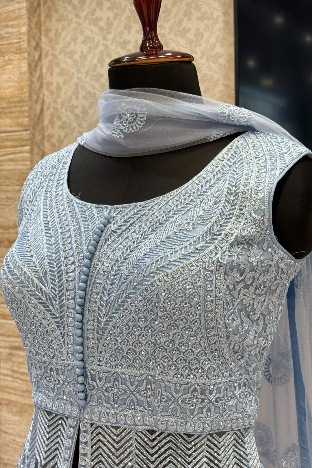 Sea Blue Zari Thread and Stone work Mastani Styled Long Top Lehenga