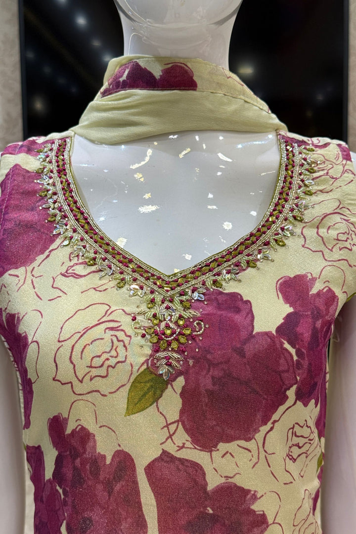 Beige with Purple Floral Print with Zardozi and Mirror work Straight Cut Salwar Suit