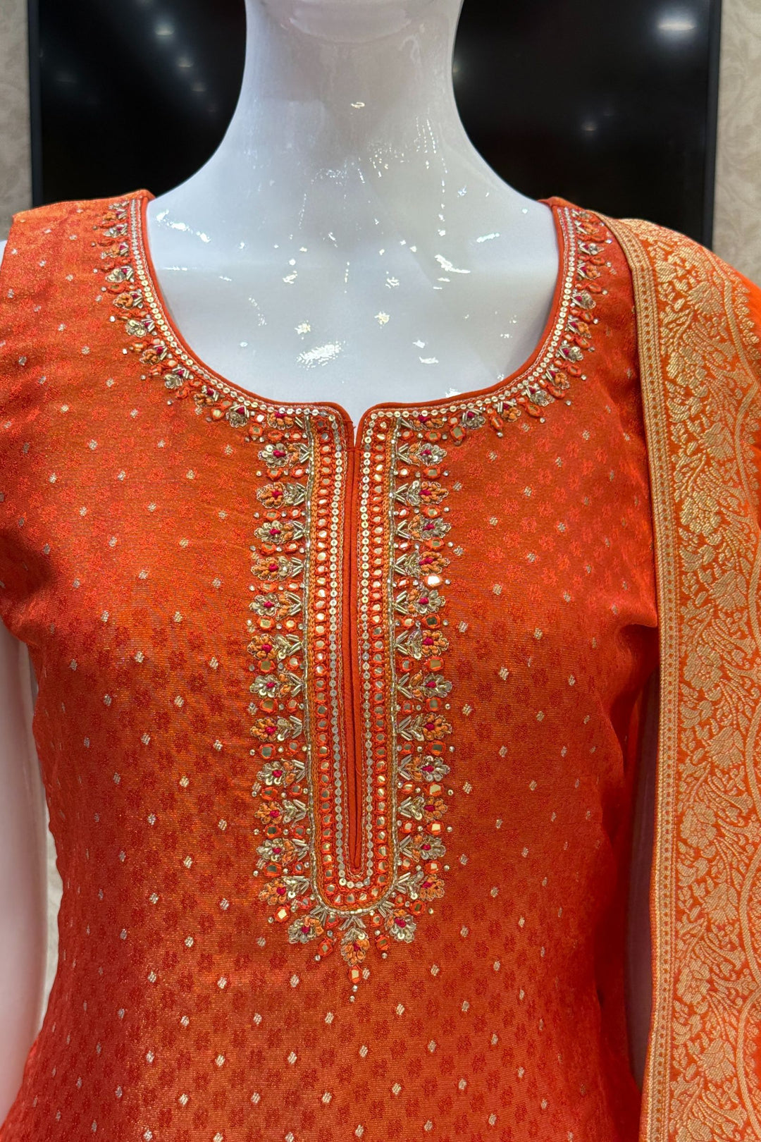 Orange Banaras, Zardozi, Mirror, Stone and Sequins work Straight Cut Salwar Suit