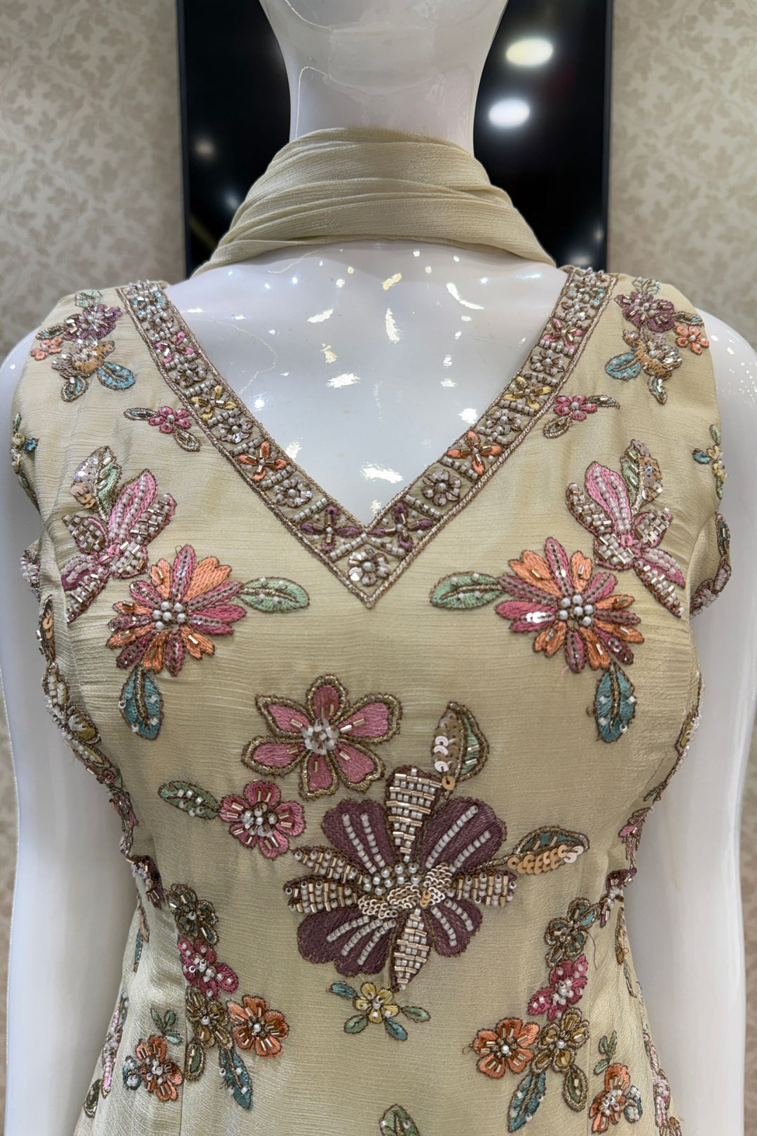 Cream Palazzo Set Featuring All-Over Multicolor Embroidery, Beads, Sequins and Zari