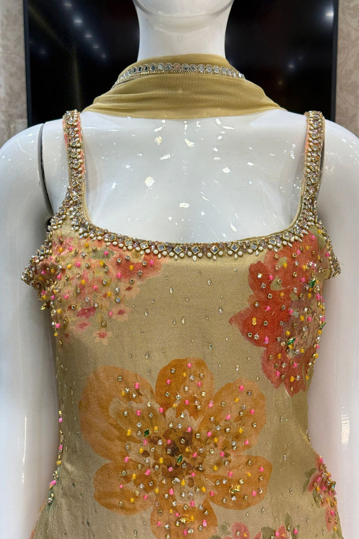 Light Beige Stone, Beads and Kundan work with Floral Print Palazzo Salwar Suit