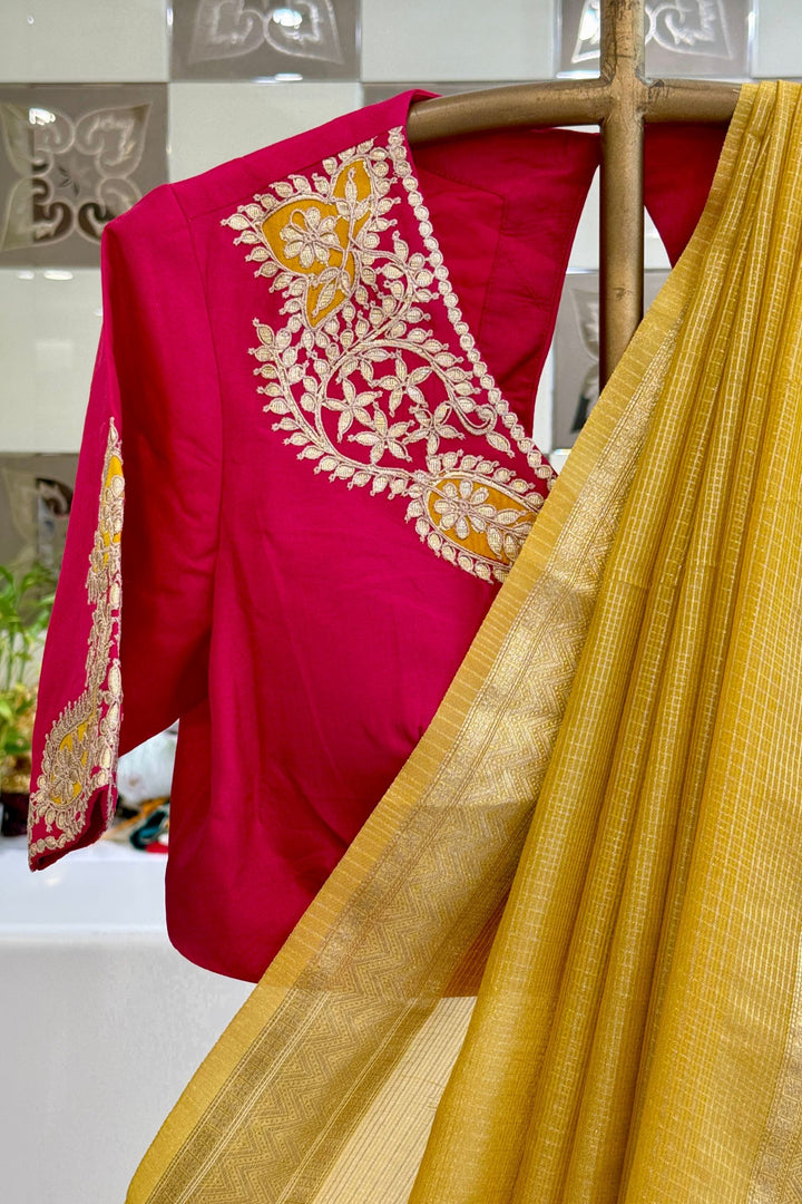 Yellow Zari work Saree with Gotapatti work Readymade Blouse