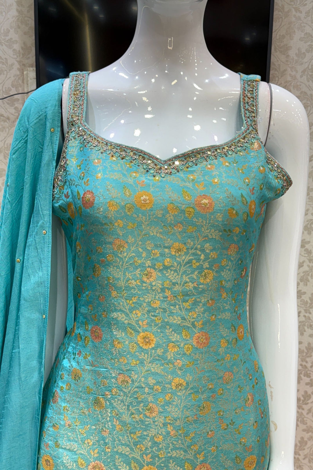Sea Green Mirror, Zardozi, Stone, Beads and Brocade work Straight Cut Salwar Suit