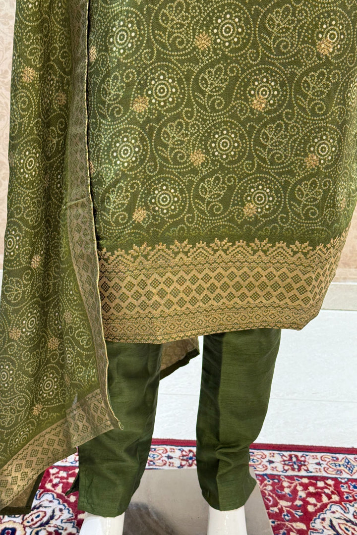 Mehendi Green Zari Weaving and Banaras work with Bandini Print Straight Cut Salwar Suit
