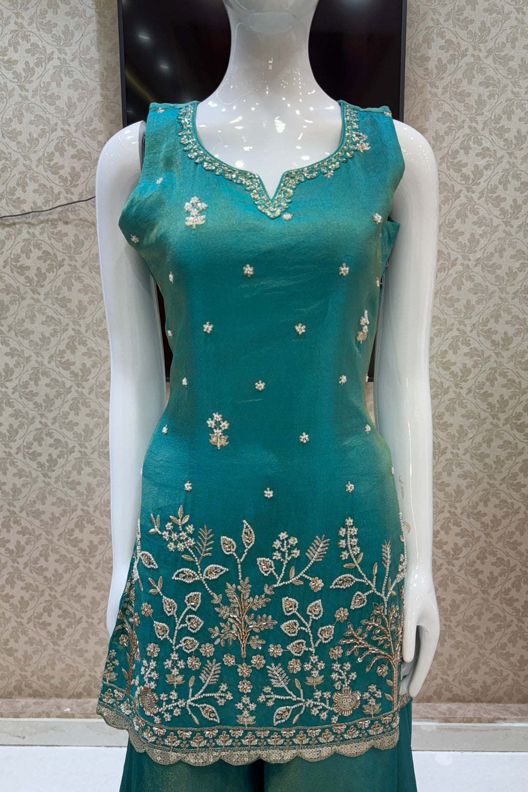 Rama Green Beads, Sequins and Zari work Palazzo Salwar Suit
