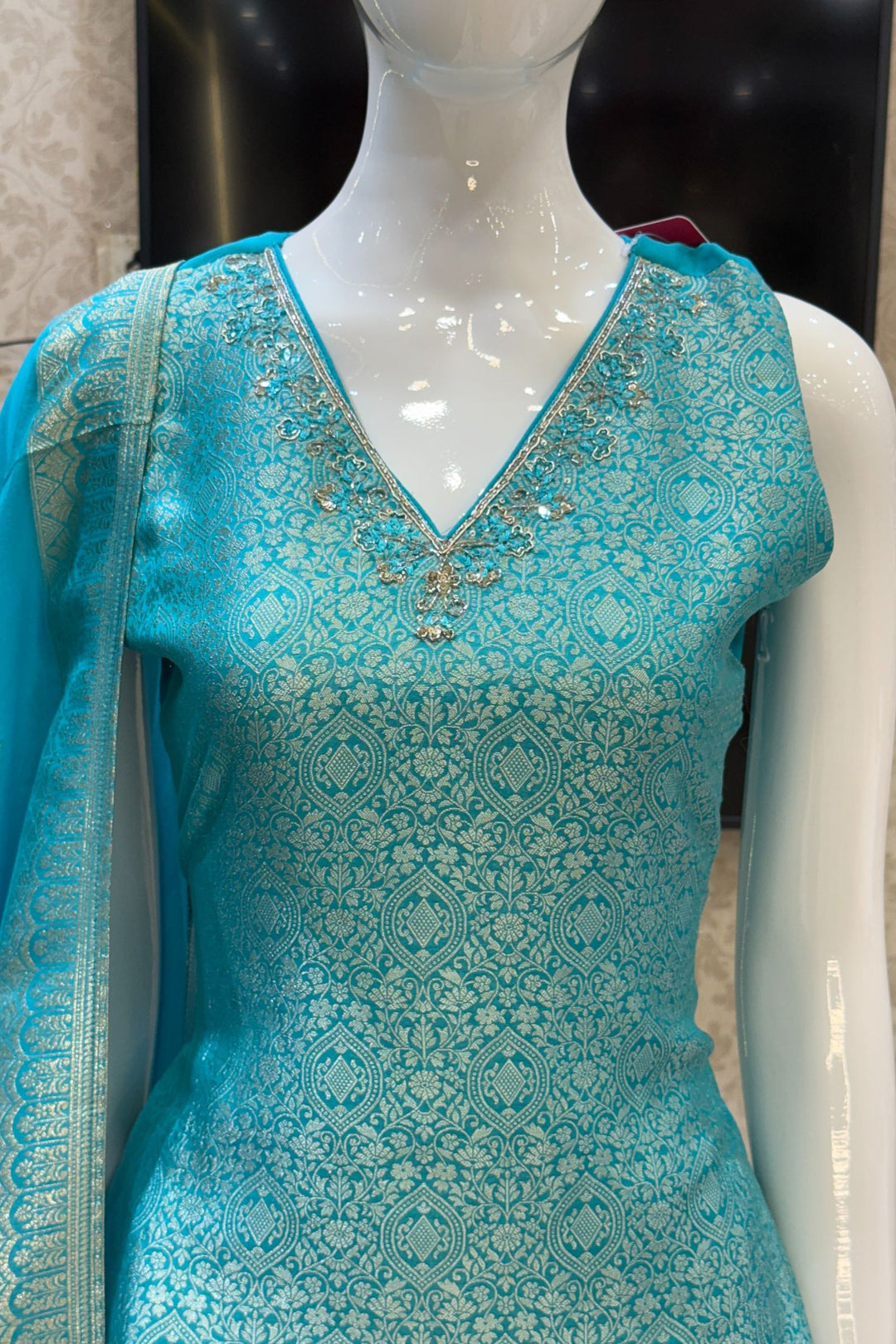 Firozi Blue Jacquard, Beads, Zardozi, Mirror and Sequins work Straight Cut Salwar Suit
