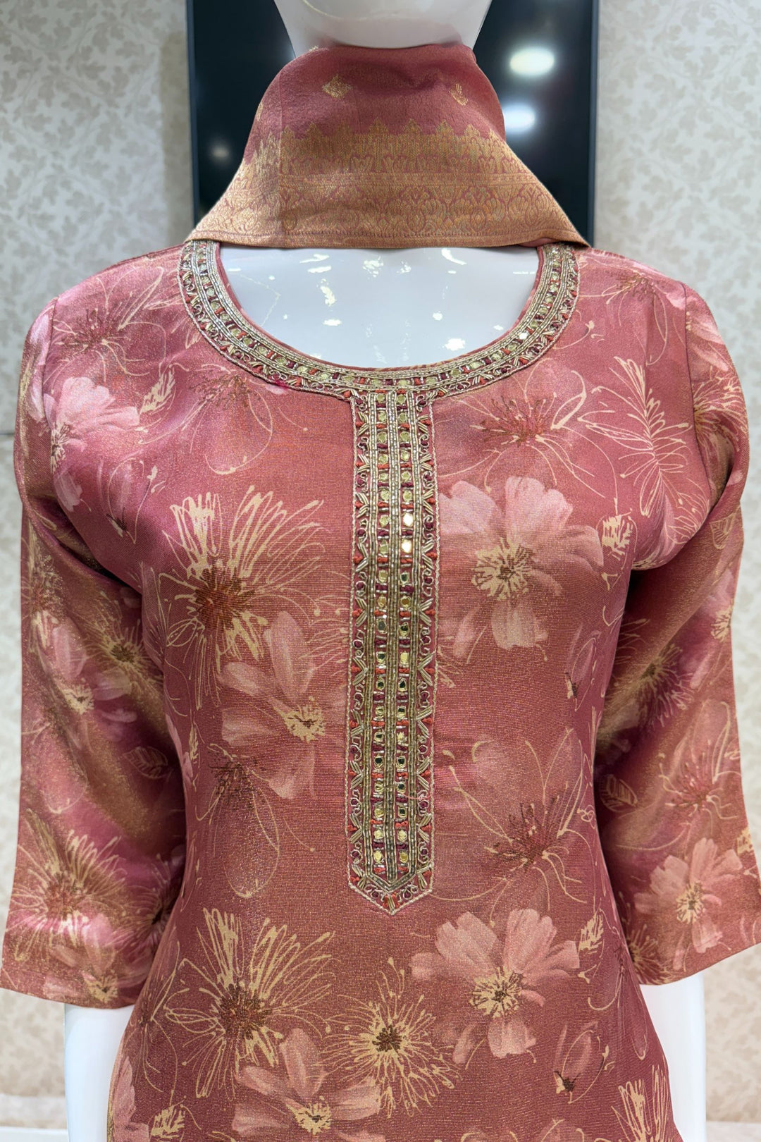 Gajri Pink Mirror, Zardozi and Banaras work with Floral Print Straight Cut Salwar Suit