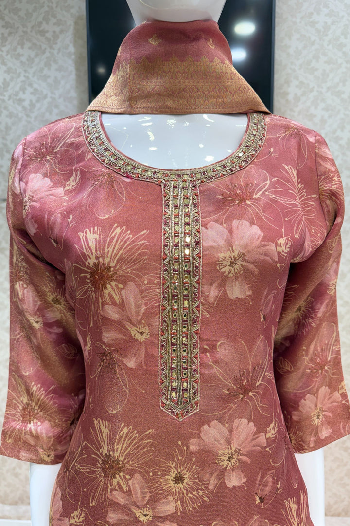 Gajri Pink Mirror, Zardozi and Banaras work with Floral Print Straight Cut Salwar Suit