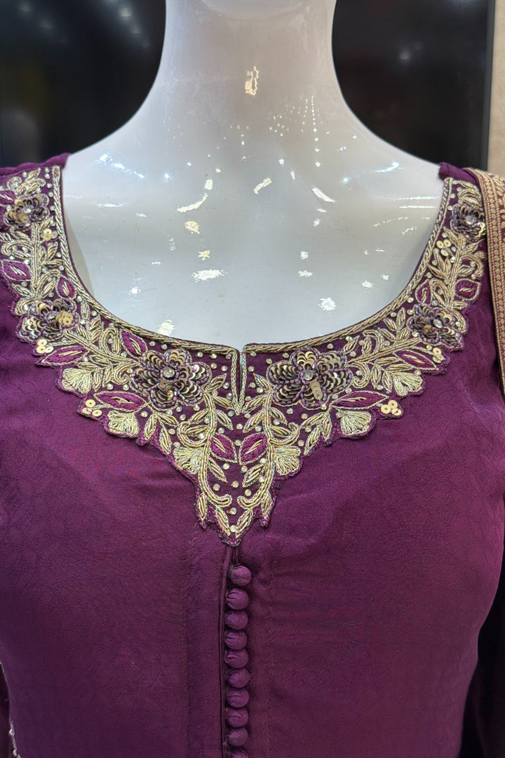 Purple Banaras, Stone, Zardozi, SEquins, Beads and Zari work Straight Cut Salwar Suit