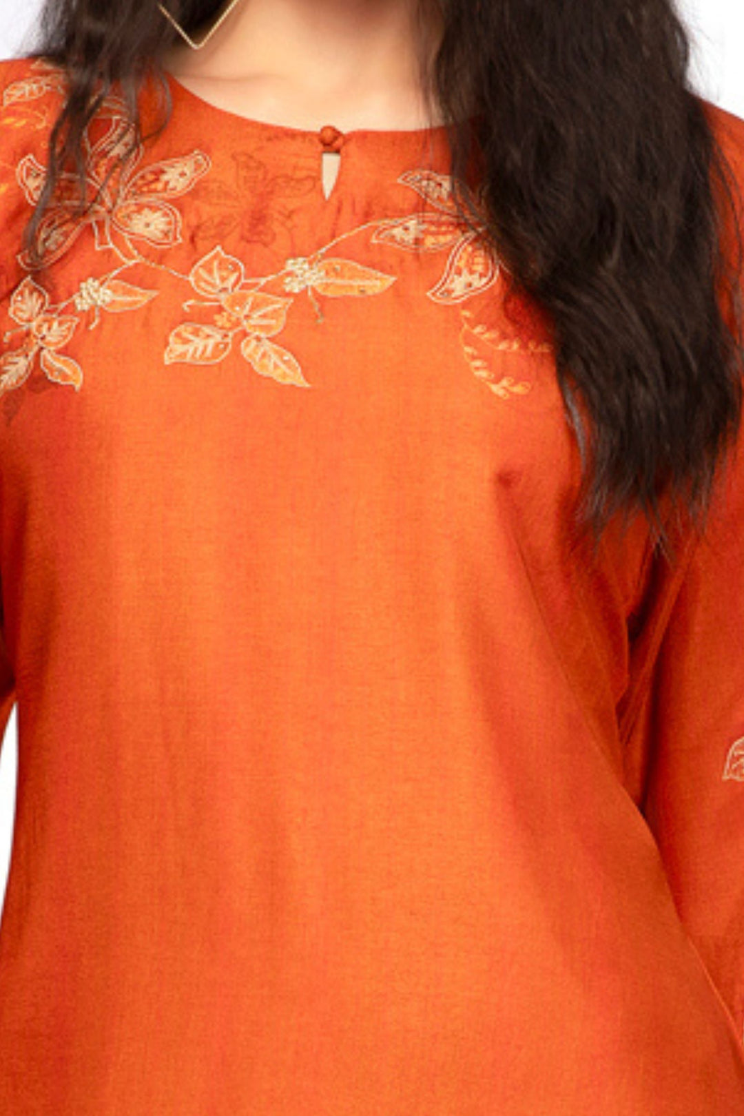 Orange Embroidery, Mirror and Zari work with Floral Print Calf Length Kurti