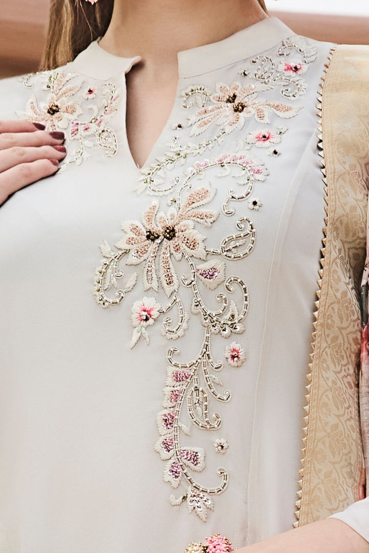 Cream Beads, Sequins and Embroidery work Anarkali Style Salwar Suit with Palazzo Pant