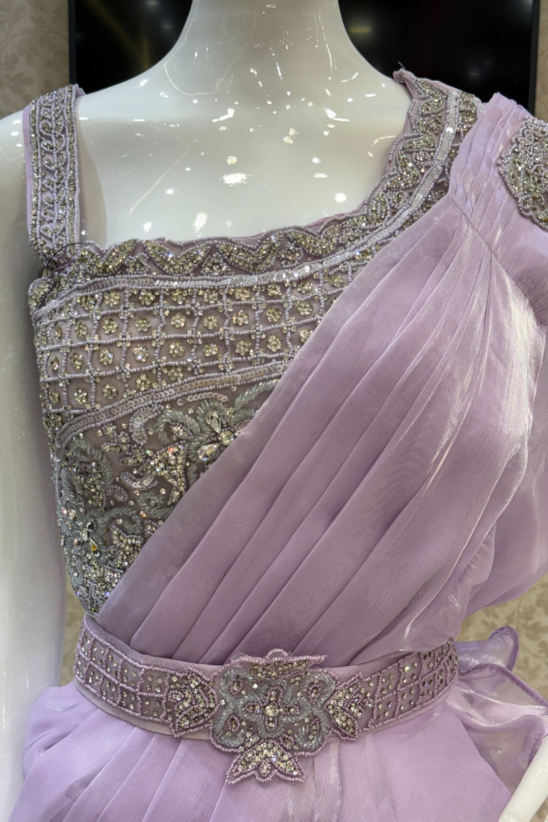 Lavender Readymade Saree with Beads and Stone work Readymade Blouse