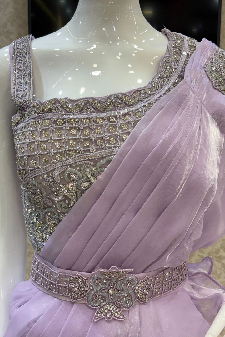Lavender Readymade Saree with Beads and Stone work Readymade Blouse