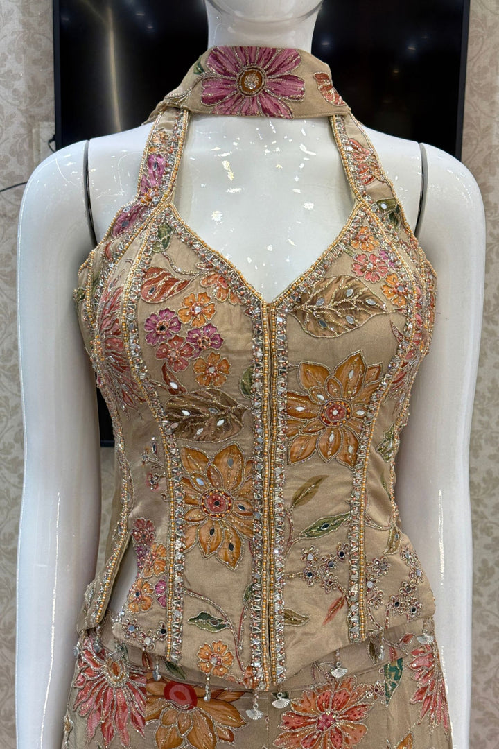 Beige Halter Neck Palazzo Set with Zardozi, Zari, Beads, Sequins, Stone and Mirror Detailing (Copy)