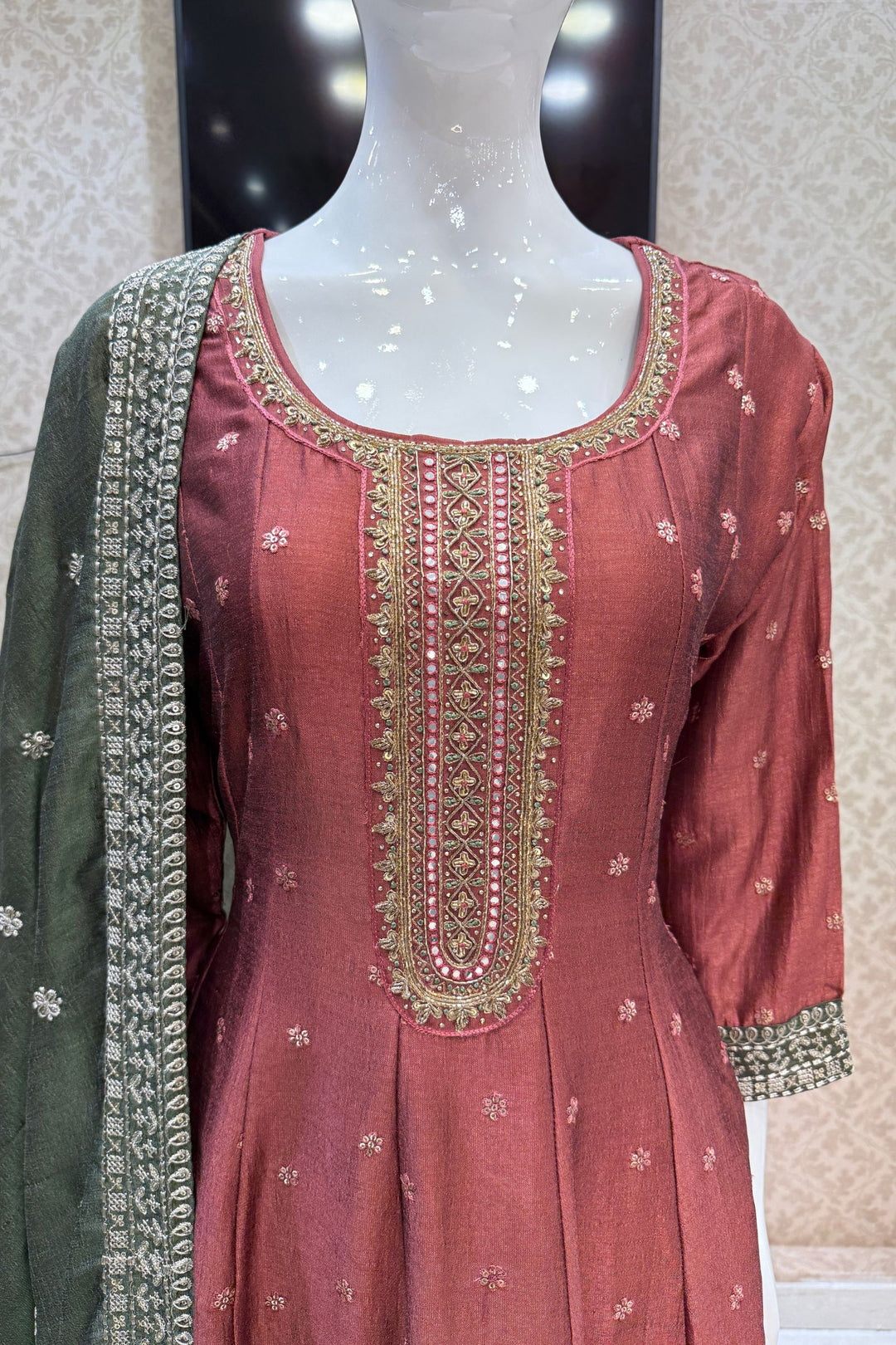 Woodrose Pink Beads, Zardozi, Thread, Sequins, Stone and Zari work A-line Cut Salwar Suit