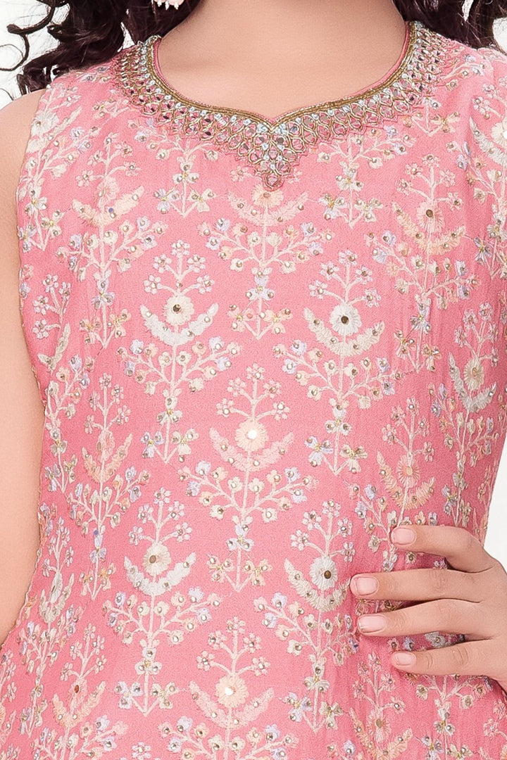 Pink Multicolor Thread, Stone, Mirror and Zardozi work Palazzo Suit Set for Girls