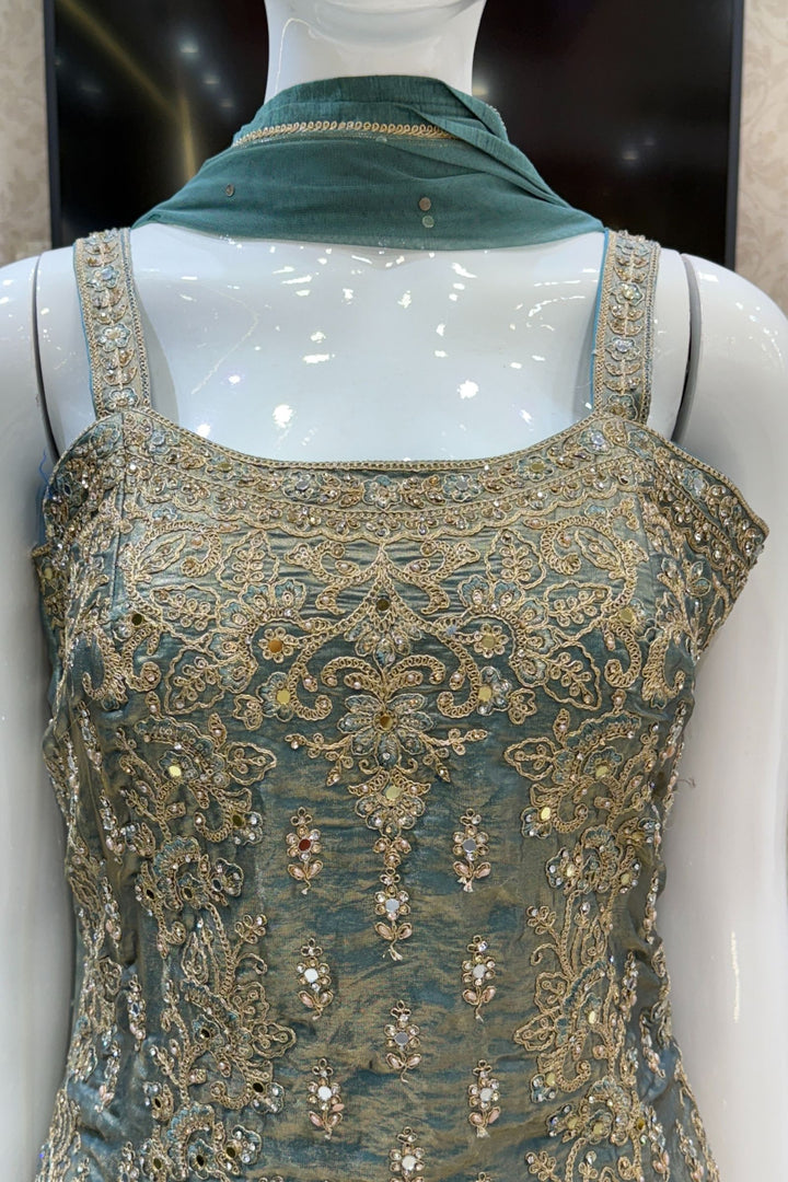 Sea Blue Stone, Beads, Mirror and Zari Thread work Palazzo Salwar Suit