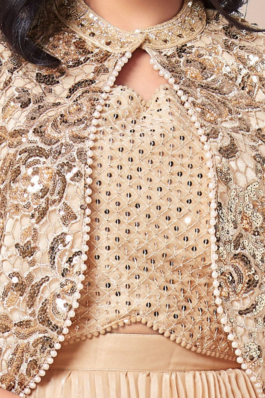 Gold Sequins, Beads, Stone and Thread work Jacket Styled Lehenga Choli for Girls