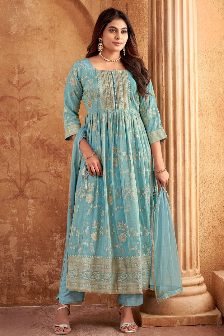 Sea Blue Banaras, Beads, Sequins and Mirror work Salwar Suit with Straight Pants