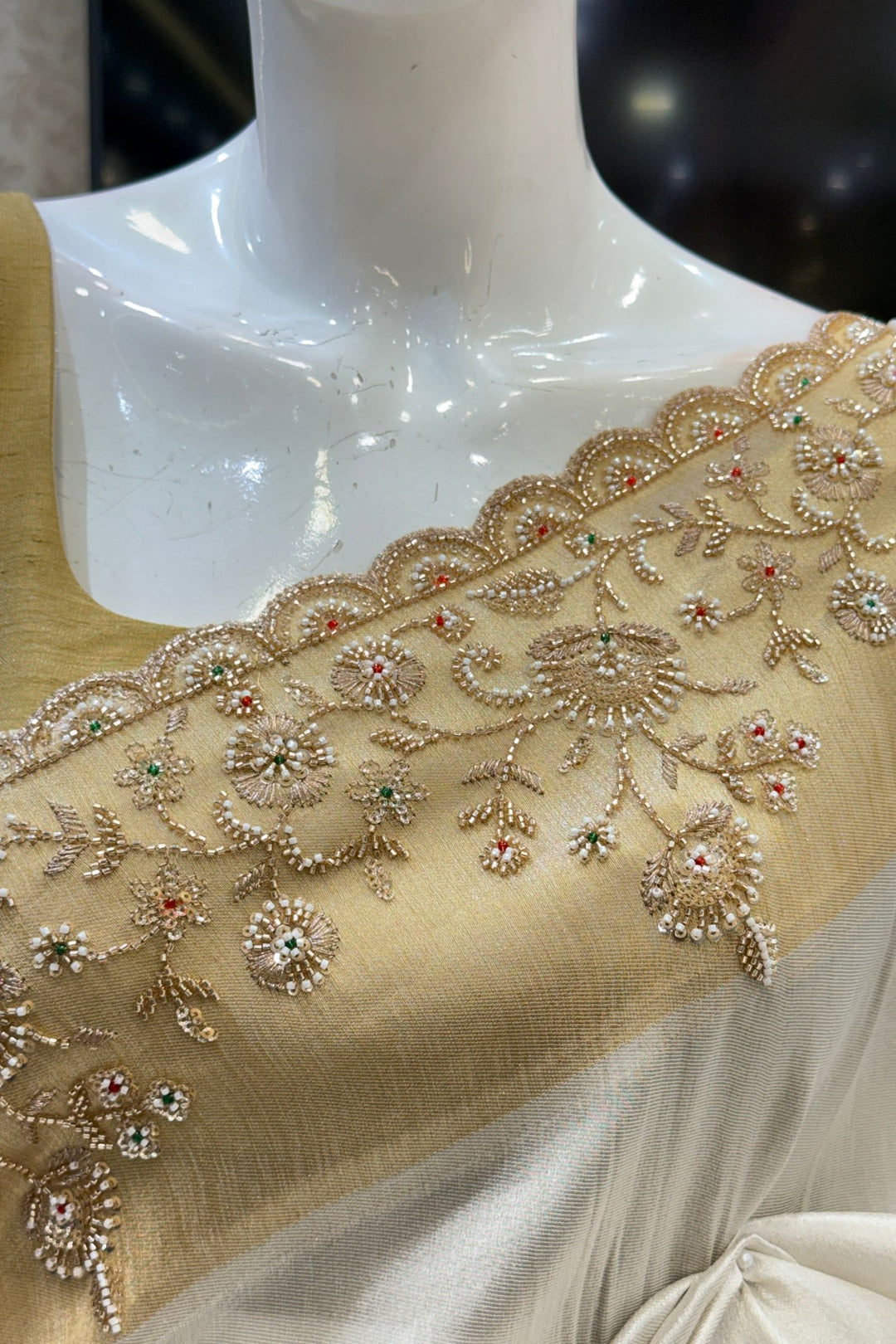 Cream Beads and Zari work Saree
