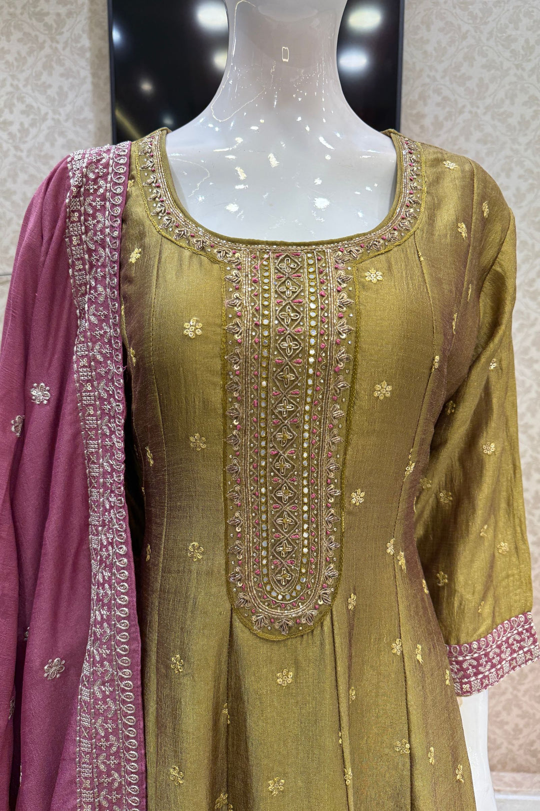 Olive Green Beads, Zardozi, Thread, Sequins, Stone and Zari work A-line Cut Salwar Suit