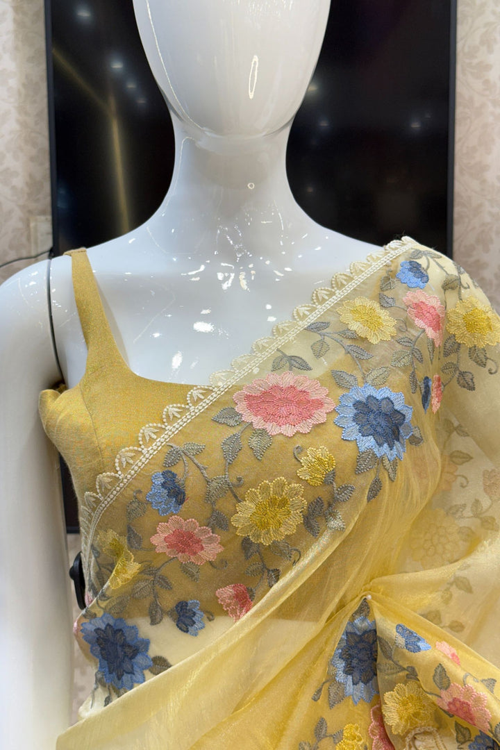 Yellow Multicolor Embroidery work Saree