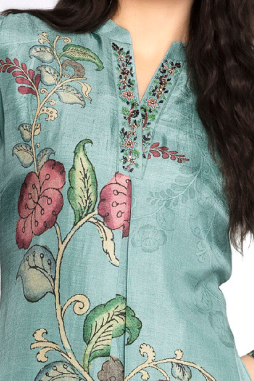 Sea Green Zardozi, Beads and Stone work with Floral Print A-line Cut Calf Length Kurti